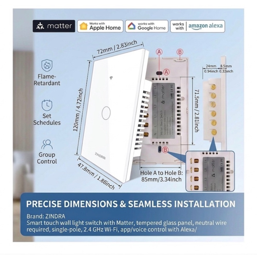 ZINDRA Smart Touch Wall Switch WiFi Alexa Google Matter 2.4GHz